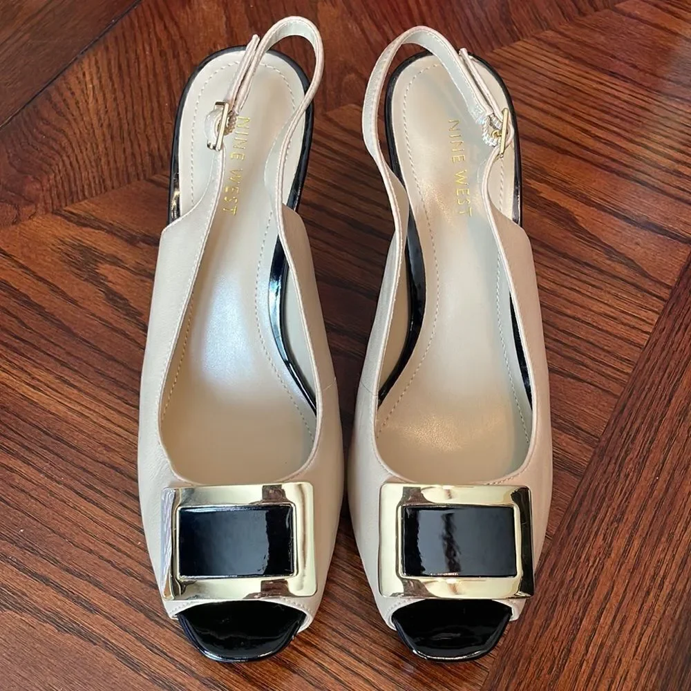 Nine West ivory leather black patent and gold accent slingback platform heels